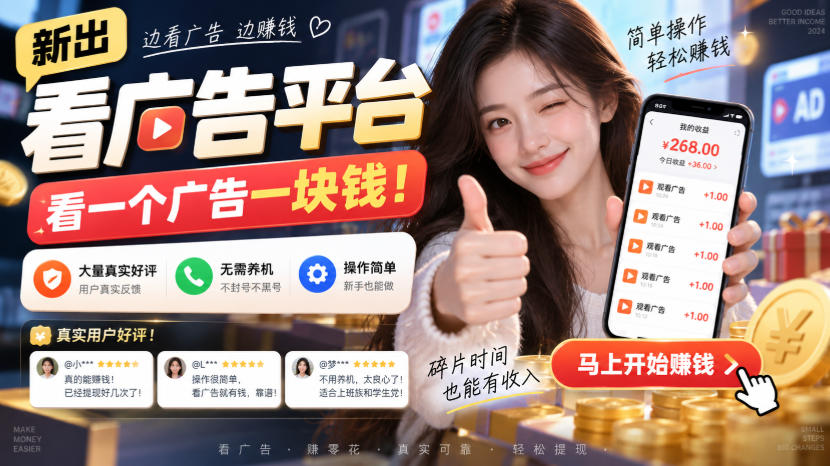 新出看广告平台，看一个广告一块钱，大量真实好评！无需养机、不会黑号，操作简单【揭秘】-萌芽网创副业资源站