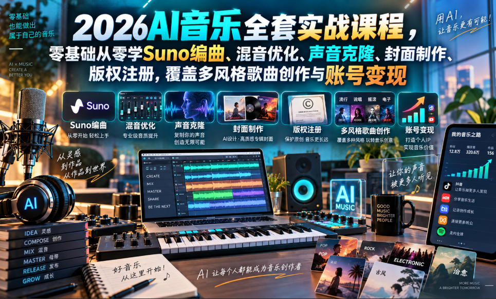 2026AI音乐实战课程，零基础从零学Suno编曲、混音优化、声音克隆、版权注册，覆盖多风格歌曲创作与账号变现-萌芽网创副业资源站