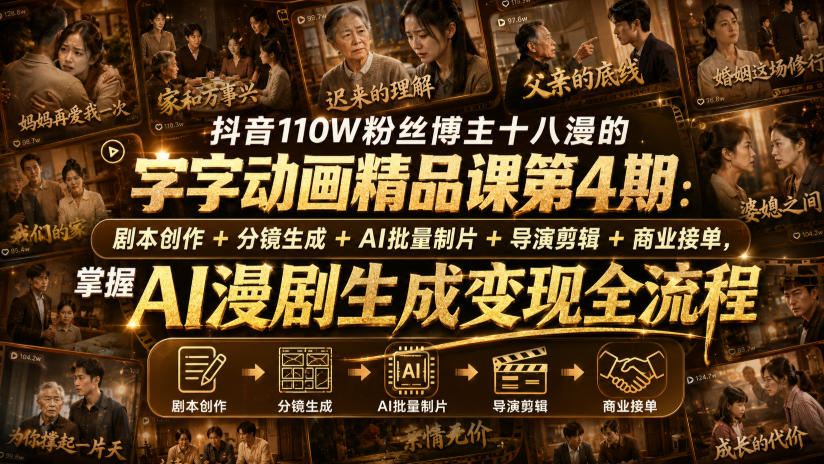 抖音110W粉丝博主十八漫的字字动画精品课第4期:剧本创作+分镜生成+剪辑+商业接单,掌握AI漫剧生成变现全流程-萌芽网创副业资源站