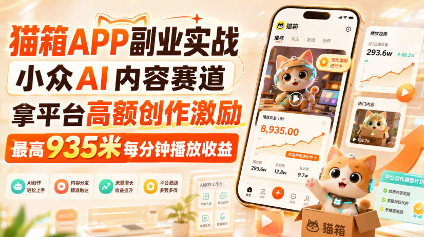 猫箱APP副业实战,小众AI内容赛道,拿平台高额创作激励,最高935米每分钟播放收益-萌芽网创副业资源站