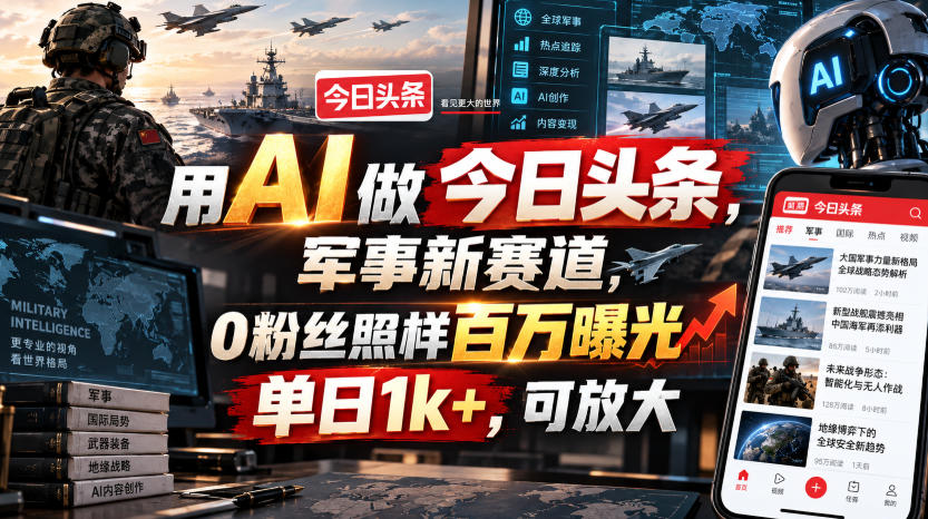 用AI做今日头条，军事新赛道，0粉丝照样百万曝光，单日1k+，可放大-萌芽网创副业资源站