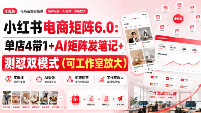 小红书电商矩阵6.0：单店4带1+AI矩阵发笔记+测怼双模式(可工作室放大)-萌芽网创副业资源站