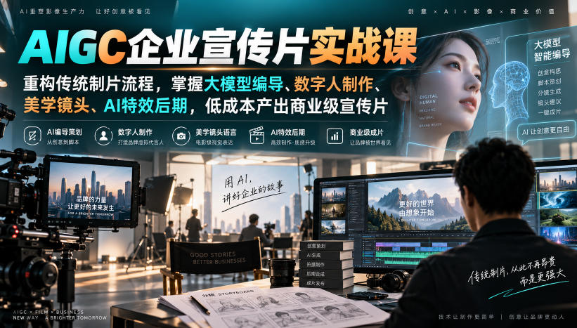 AIGC企业宣传片实战课，重构传统制片流程，掌握大模型编导、数字人制作、美学镜头、AI特效后期，低成本产出商业级宣传片-萌芽网创副业资源站