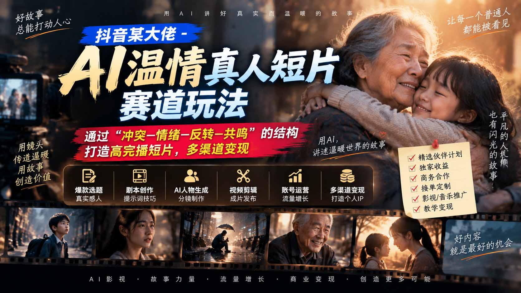 抖音某大佬-AI温情真人短片赛道玩法：通过“冲突—情绪—反转—共鸣”的结构打造高完播短片，多渠道变现-萌芽网创副业资源站